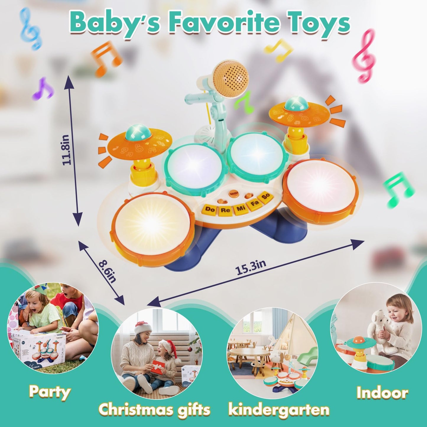 Kids Drum Set Baby Drums - Drum Set For Toddlers 1-3, 4 Beats Flash Light Baby Drum With Microphone & Without Drumsticks, Baby D
