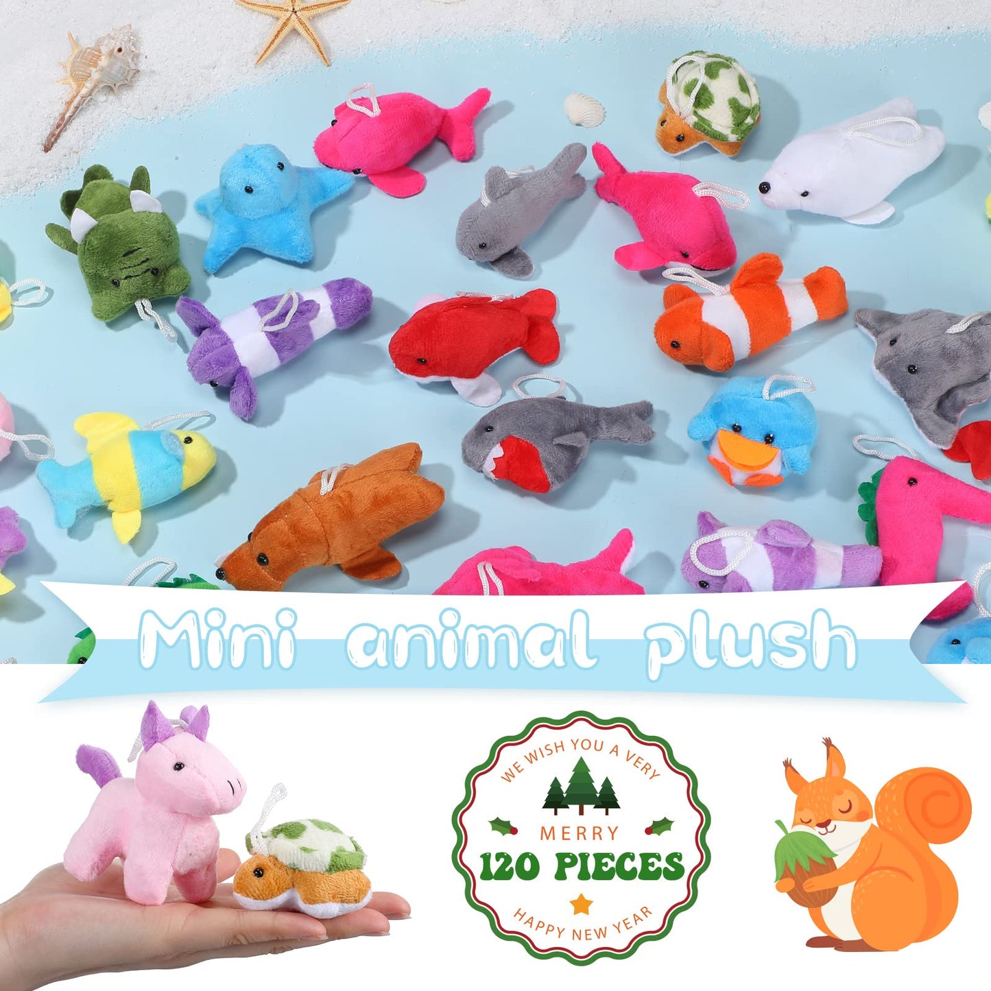 120 Pcs Mini Animal Plush Toys Party Favors Small Stuffed Animals Bulk Cute Jungle Sea Animal Toy Keychain Decoration For Birthd