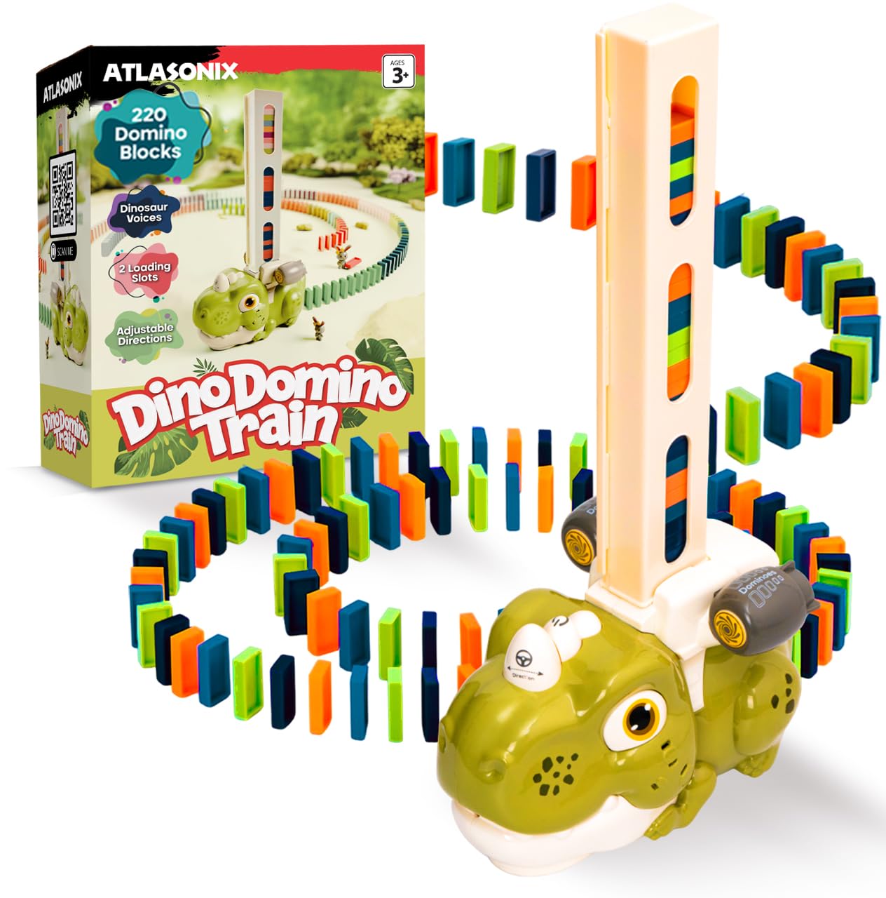Atlasonix Dino Domino Train - 220 Dinosaur Dominoes Set For Boys & Girls - Birthday Gift Ages 3-10 - Montessori Jurassic T-Rex Toy With Automatic Rally Setter - Block Laying Machine