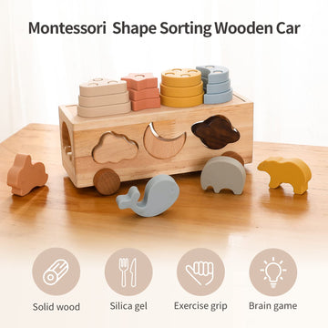 Samonyed Shape Sorter Toys For Toddlers 1-3 Montessori Stack Toy Car For 1 Year Oldbaby Blocks Sorting Wooden&Silicone Education