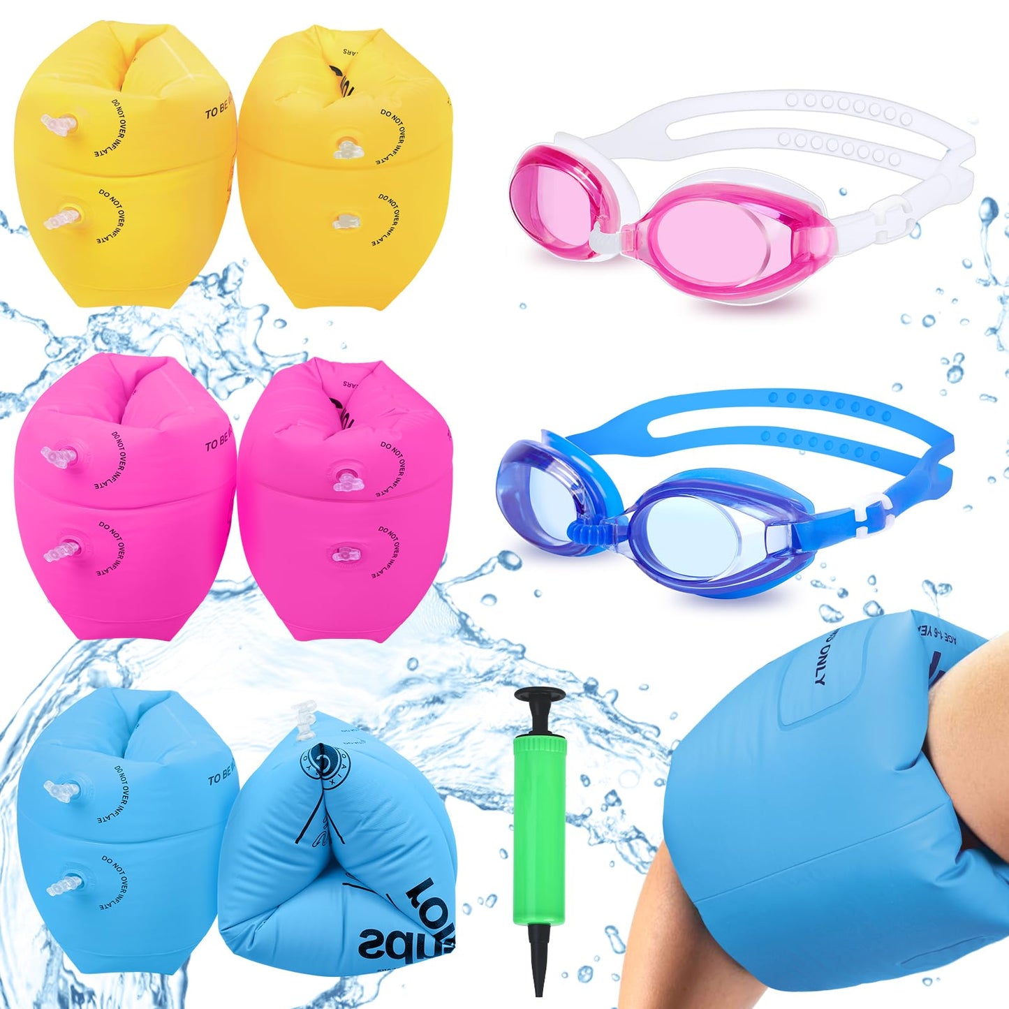 6 Pack Arm Floaties For Adults And Kids, Pvc Inflatable Swimming Floats Arm Bands With 2 Swimming Goggles, Kids Floaties For Poo
