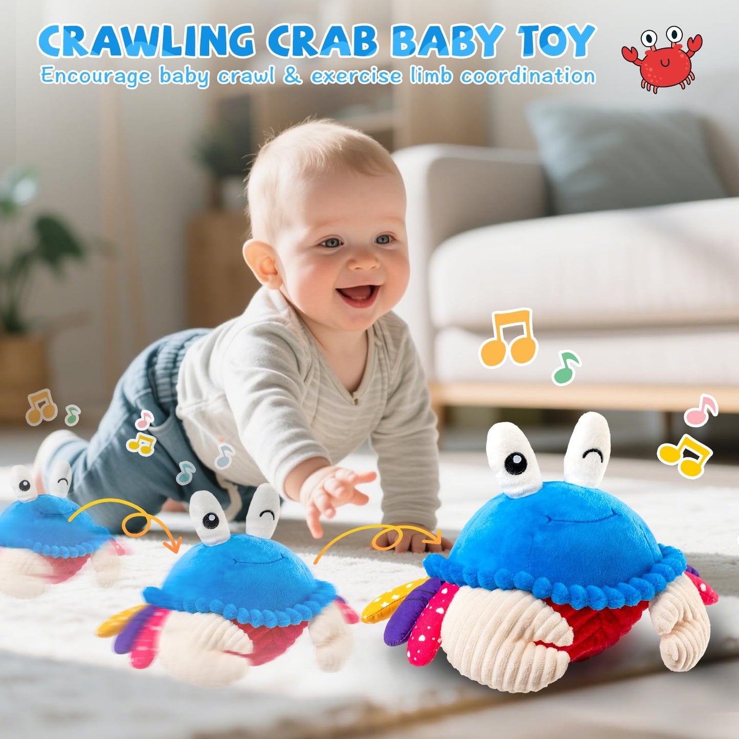 Baby Toys 12-18 Months, Musical Crawling Crab Plush Toy - 40 Songs & Recording Feature, Dancing Walking Moving Bouncing Tummy Ti