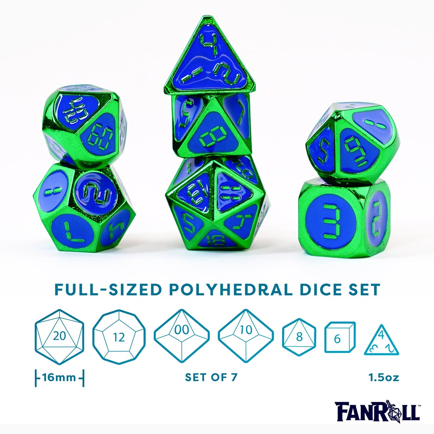 FanRoll by Metallic Dice Games 16mm Metal Polyhedral DND Dice Set: Green w/Blue Enamel, Role Playing Game Dice for Dungeons and