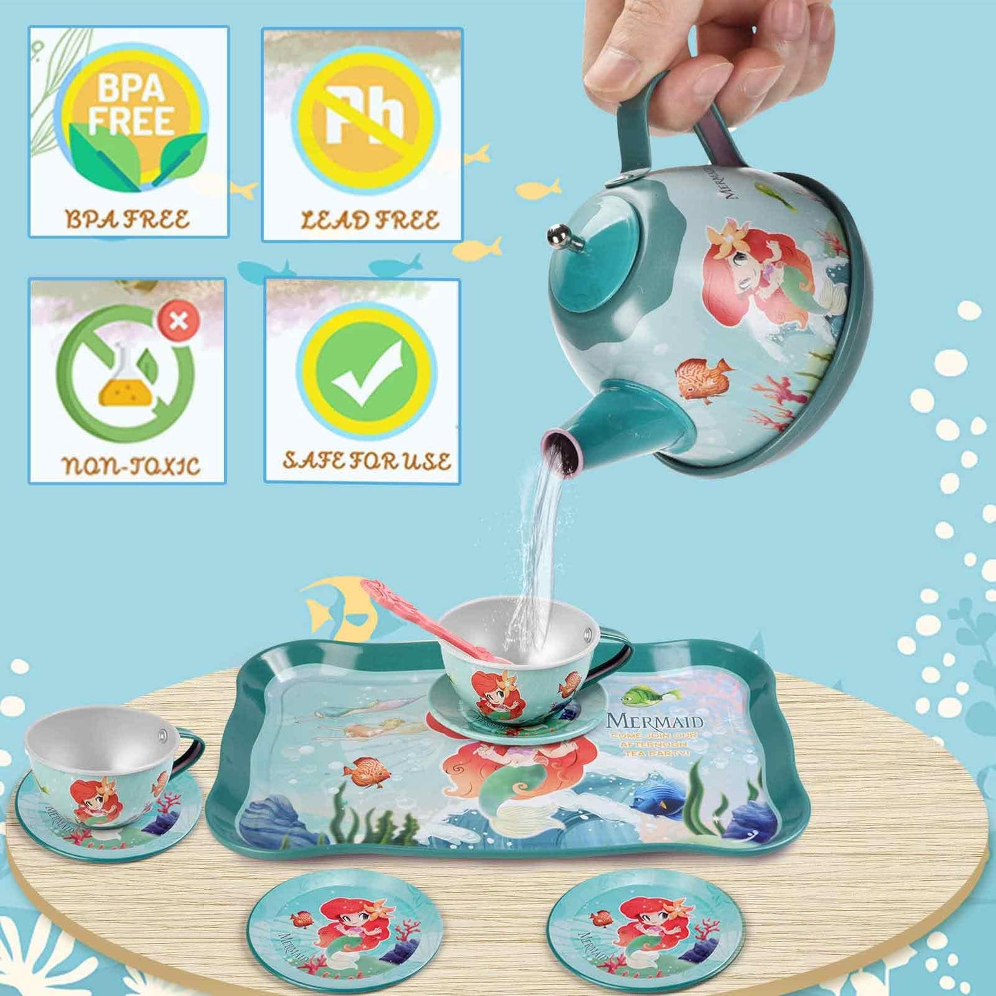 48pc Mermaid Tea Party Set for Little Girls,Birthday Gifts for Age 3 4 5 6 Year Old Girls,Pretend Tin Teapot, Cups, Plates,and F