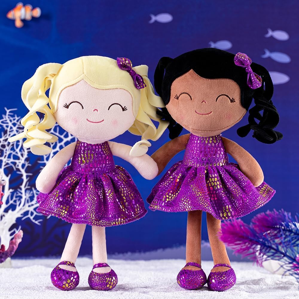 Gloveleya Soft Dolls Plush Figure Brown Skin Glitter Purple Dress Baby Doll Gift 12Inches