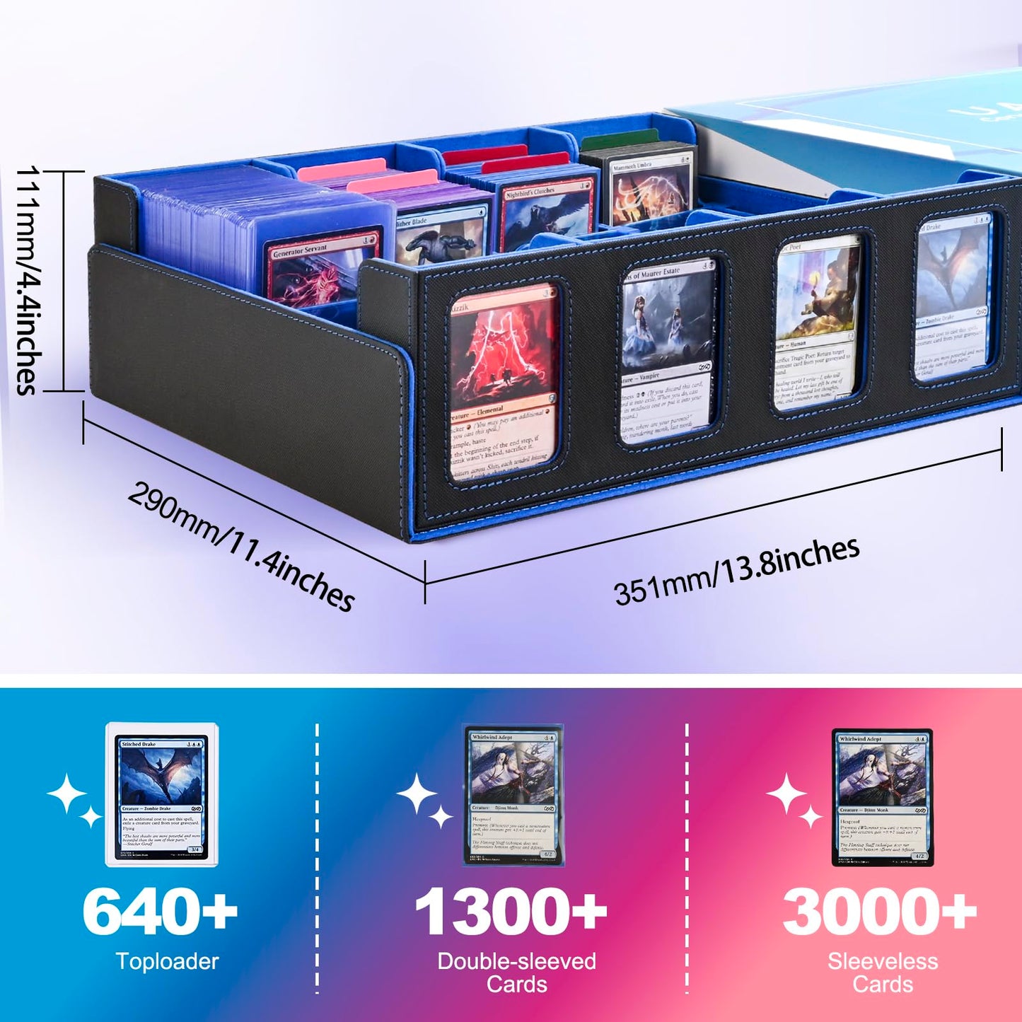 Uaono Trading Card Storage Box With Commander Display; 2400+ Deck Box For Mtg With Removable Cover; Toploader Card Case Fits Magic Tcg Ptcg Sports Cards; 24 Dividers, 4 Stoppers (Black, Blue)