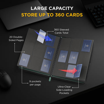 Card Guardian - 9 Pocket enhanced Binder with Zipper for 360 Cards Trading Card Games TCG (Green) Side Loaded Pockets Compatible with Yugioh Cards MTG Binder Sports Card Binder