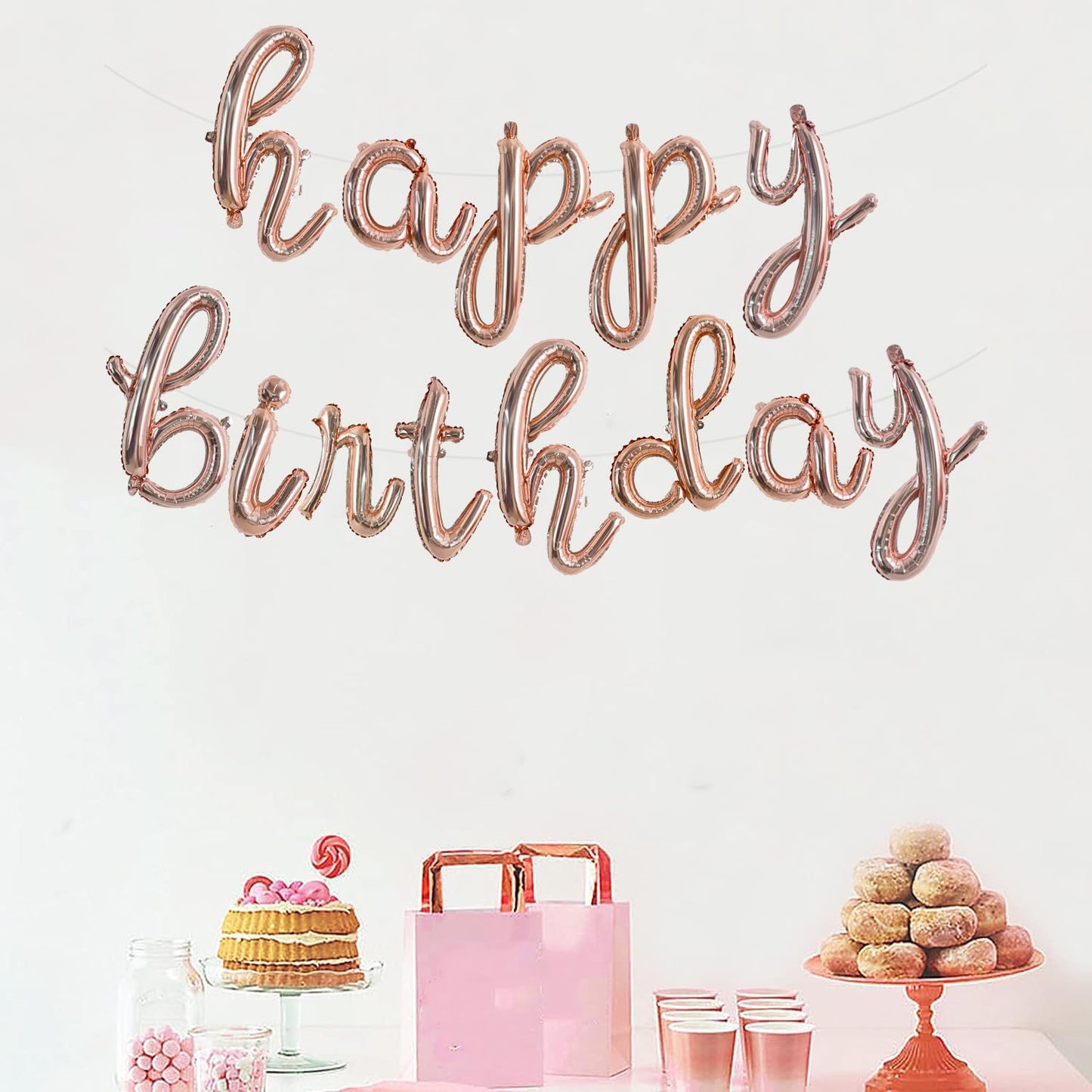 Toniful Rose Gold Happy Birthday Balloons Banner,Cursive Happy Birthday Balloons Rose Gold Birthday Decorations Rose Gold Mylar
