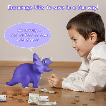 Pjdrllc Dinosaur Piggy Bank For Kids, Unbreakable Plastic Money Coin Bank For Boys And Girls, Great Gifts For Birthday, Easter, Christmas (Purple)