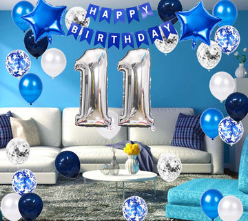 11Th Birthday Party Decoration For Boys, Happy Birthday Banner Blue Number 11 Birthday Balloons 11Th Birthday Latex Confetti Bal