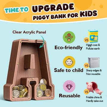 Summidate Wooden Letter Piggy Bank Extra Thick Large Capacity Piggy Bank for Kids Boys Girls Toddler Alphabet A Money Bank| Coin Box Birthday Christmas Festival