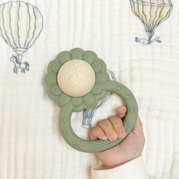 Dirbabi Rattle Teether, Lion Shape Montessori Baby Sensory Teething Toys, Food Grade Silicone Bpa Free, Newborn Essentials Must Haves (Shifting Sand Powder Rose)