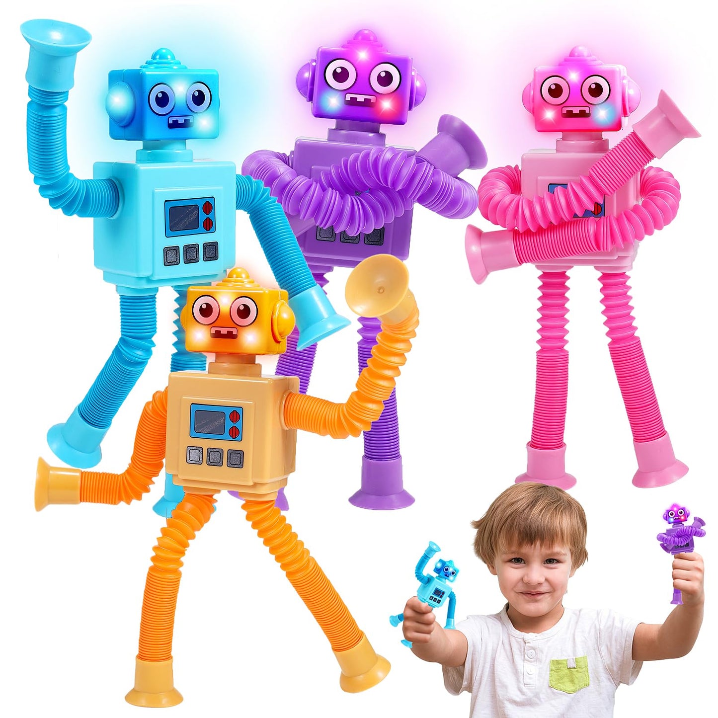 Delighkidz Robot Fidget Toys For Kids : 4 Pack Led Robotic Pop Tubes Telescopic Suction Cup Sensory Toy For 2 3 4 5 6 7 8 Year Old Boys Girls Easter Birthday Gifts For Kid Ages 2-4 Toddler Travel Toy