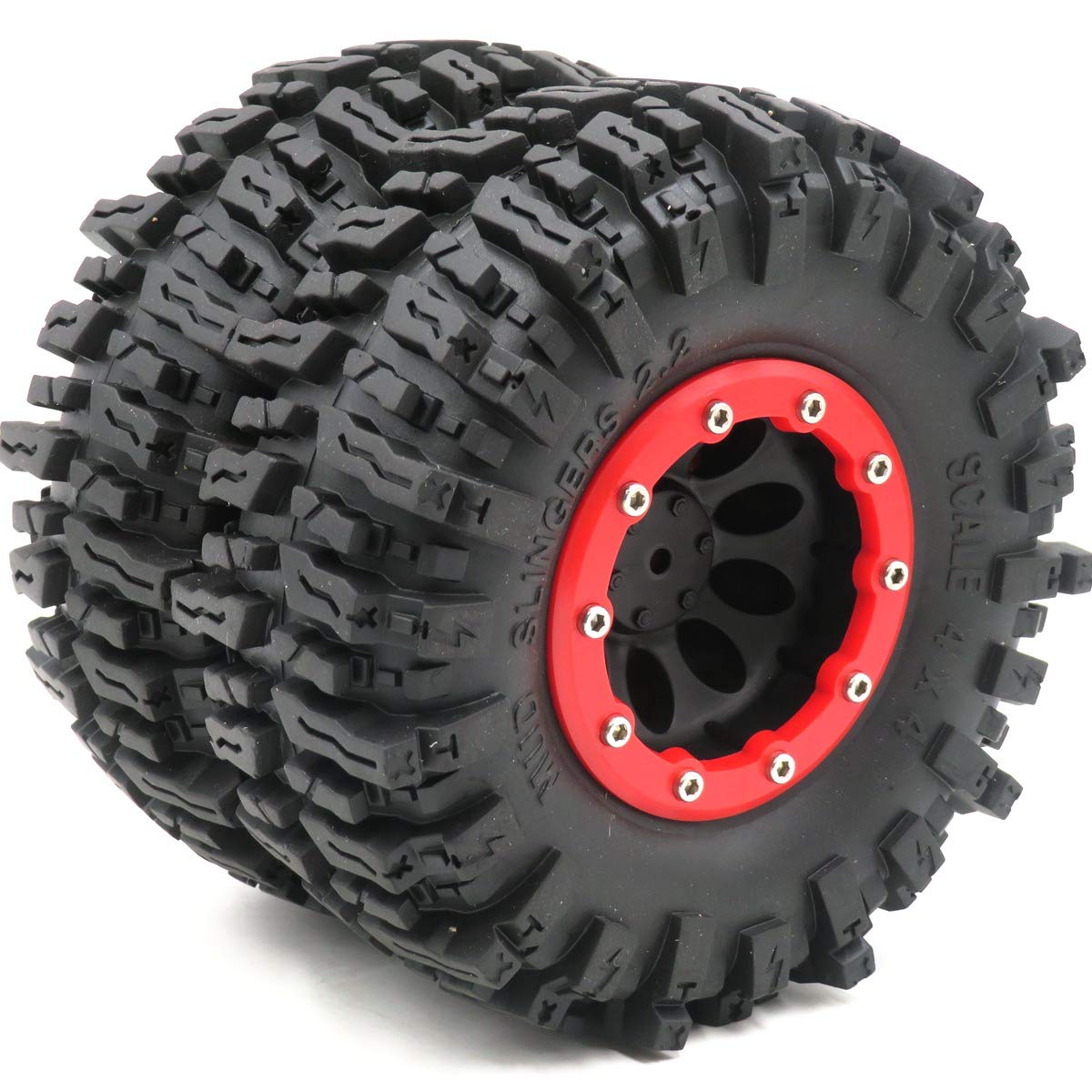 hobbysoul 2pcs RC Rock Crawler 2.2 Mud Slingers Tires OD 124mm & 2.2 Beadlock wheel rim Hex 12mm for RC Crawlers Truck