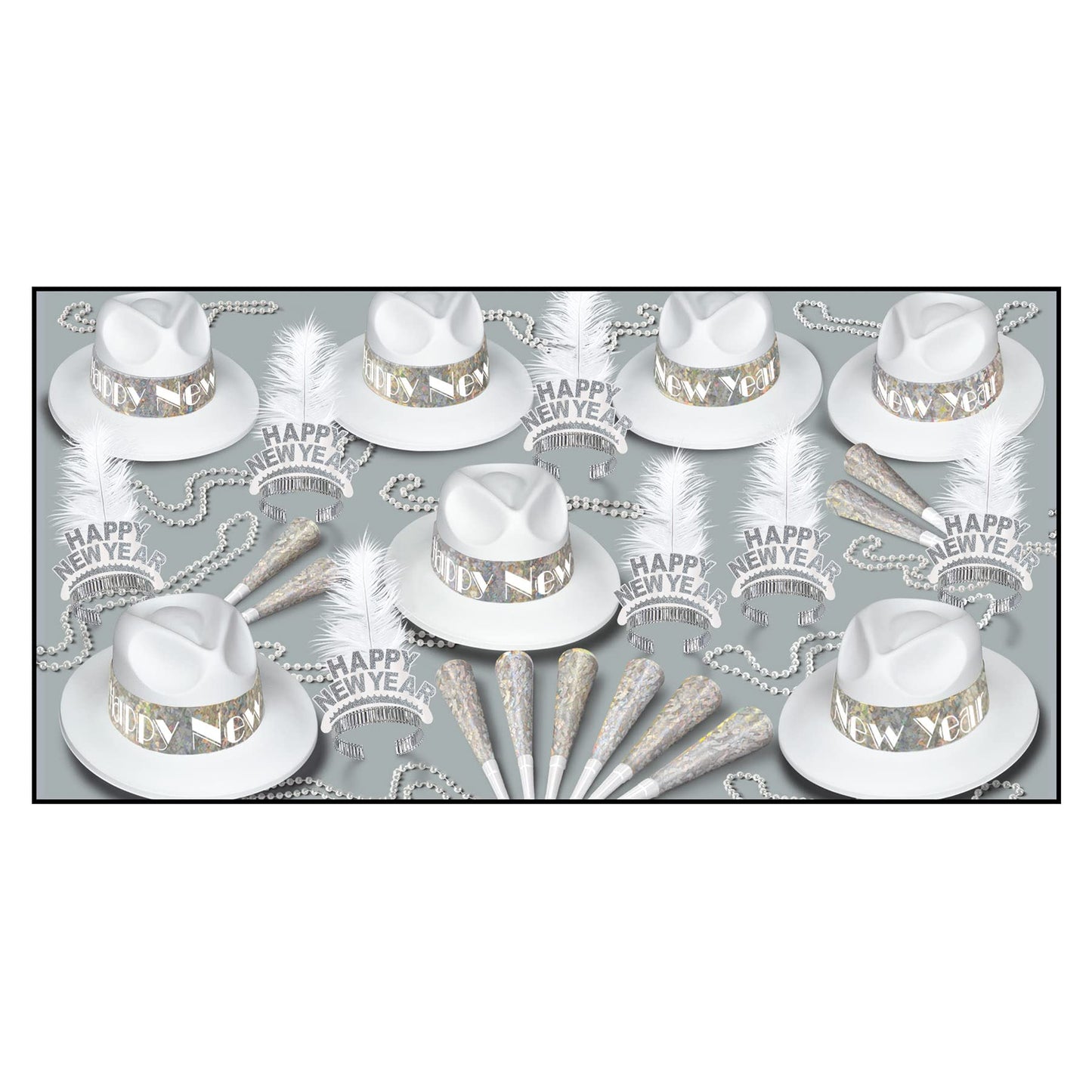 Beistle La Swing Assortment For 50 People New Year'S Eve Party Supplies-Hats, Tiaras, Horns, Necklaces, One Size, White/Silver