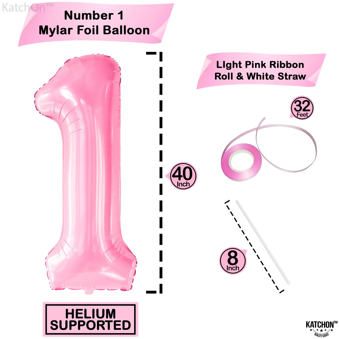 Katchon, Light Pink 1 Balloon Number - 40 Inch | Number 1 Balloons For 1St Birthday Party Supplies | Light Pink One Balloon For First Birthday | 1St Birthday Balloon, 1St Birthday Decorations Girl