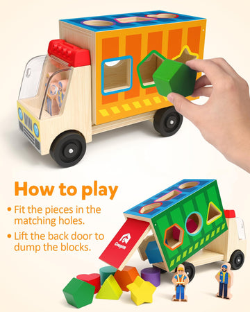 Coogam Wooden Shape Sorting Truck Toy - Montessori Educational Gift for Toddlers, Red/Blue/Yellow, Model puzzle177-EU