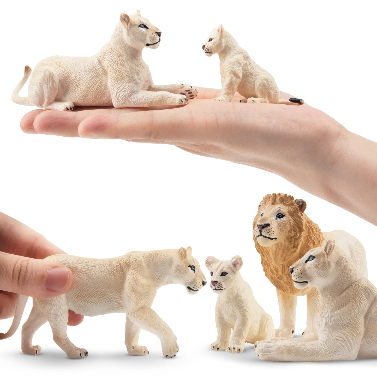 Toymany 6Pcs White Lion Figurines With Lion Cubs, 2-5'' Jungle Animals Figures Realistic Family Set Includes Baby Lions, Educati