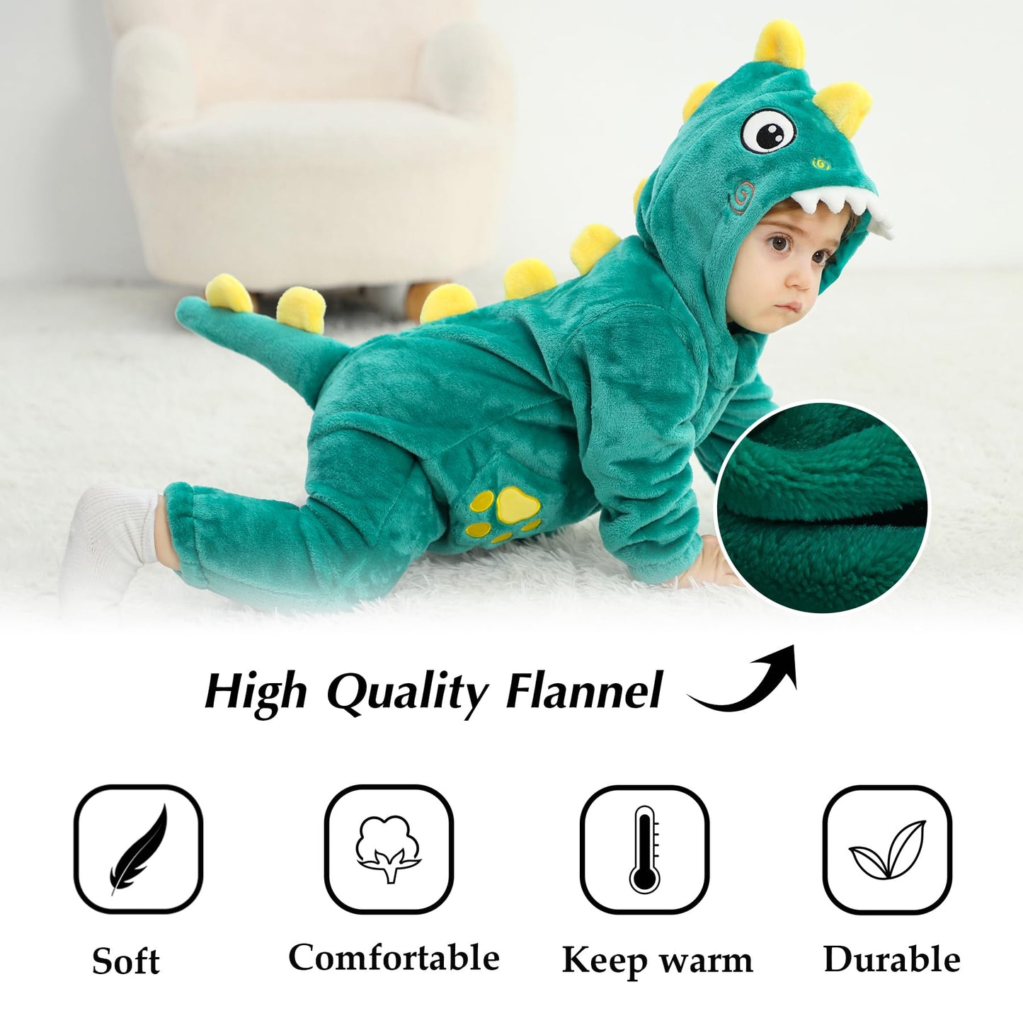 Tonwhar Kid'S And Toddler'S Costume Baby Animal Outfit Baby Boys' Girls' One-Piece Rompers Jumpsuit(18-24M,Green Dinosaur)