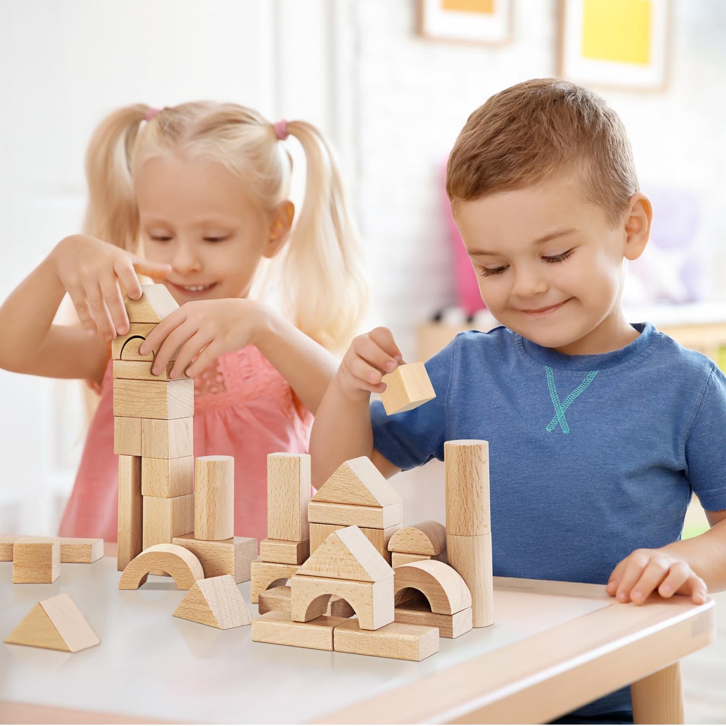 OOOK Natural Beech Wood Building Blocks for Toddlers, 100pcs with Storage Bucket & Shape Sorter, Preschool Learning Toys for Kids