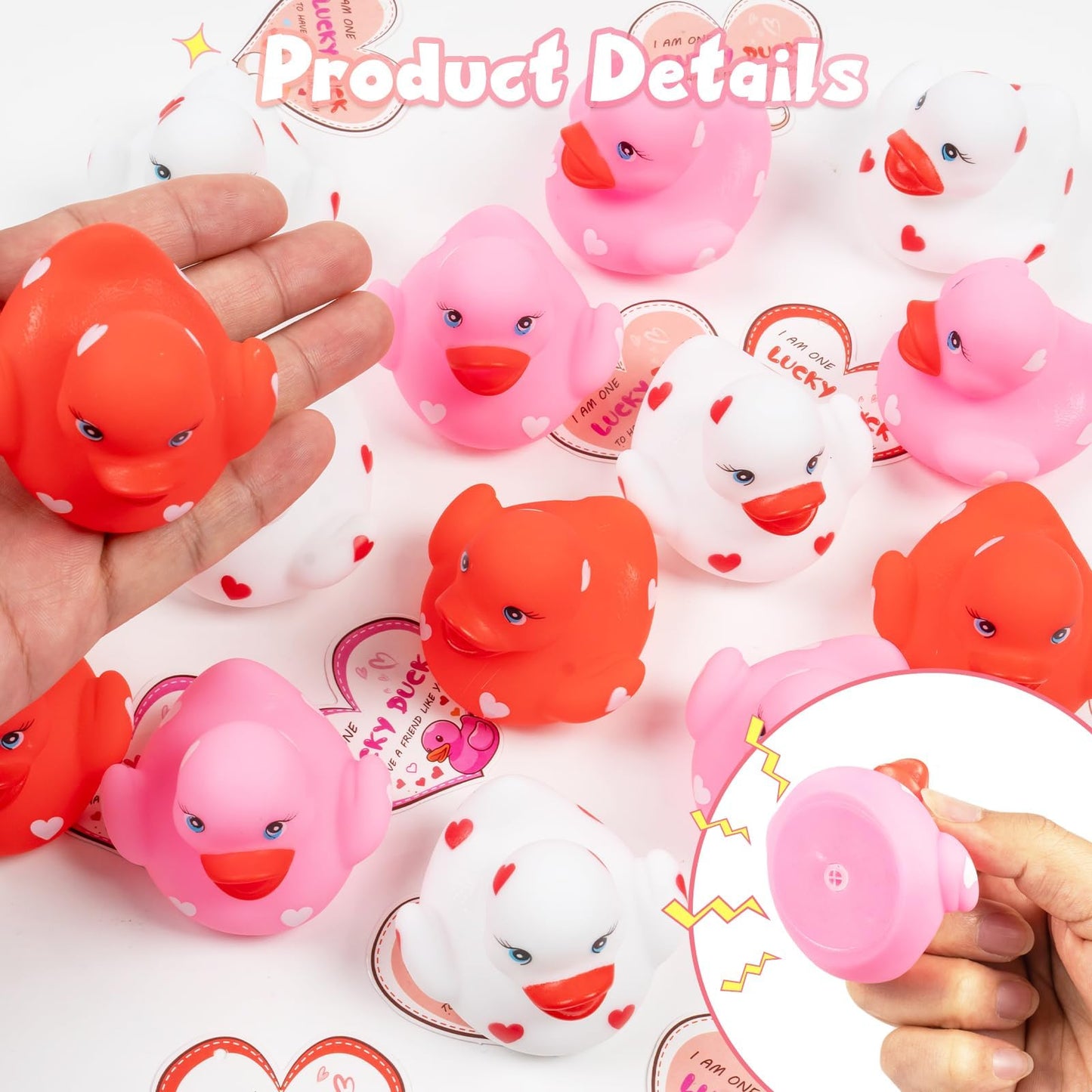 Kockuu 20Pcs Rubber Ducks With Cards Gift Valentines Day Party Favors Small 2.36 Assorted Pink Red White Squeaky Duckies In B