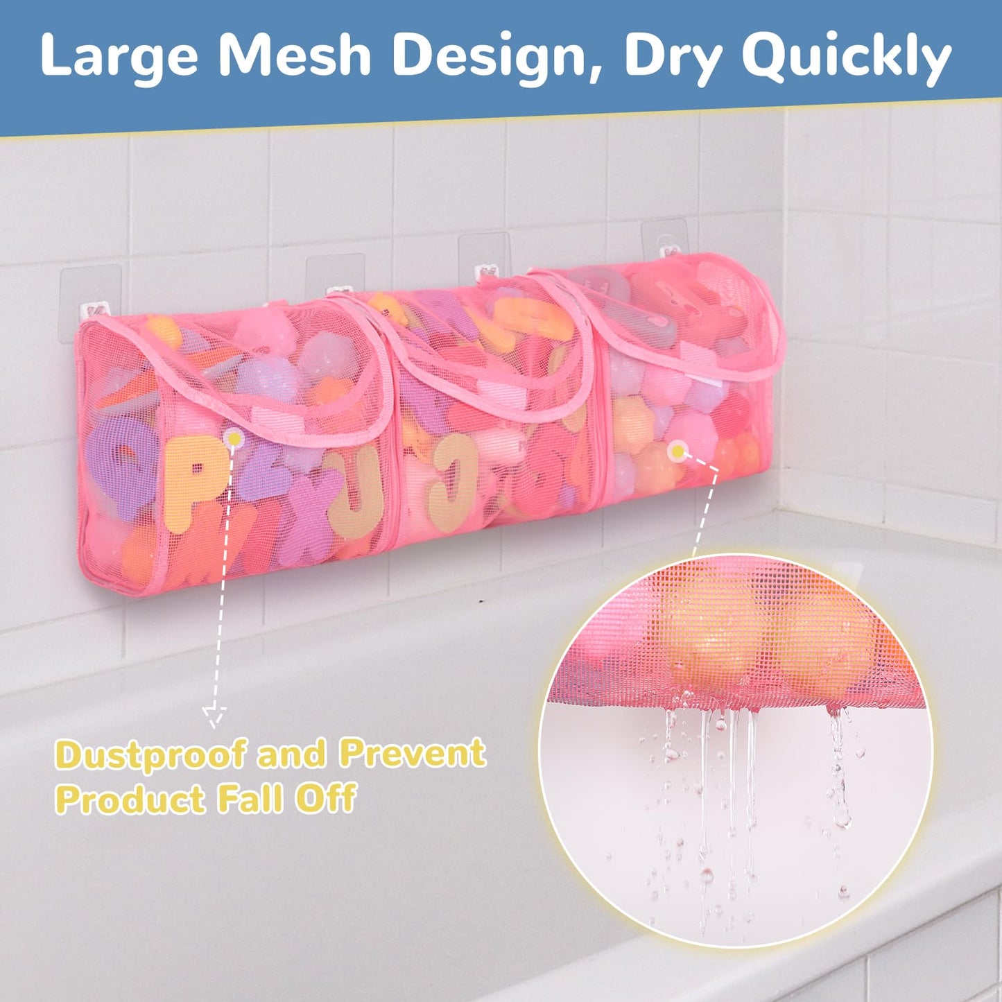 Docmon Bath Toy Storage, Detachable 3 Compartments Bath Toy Holder, Large Capacity Bathtub Toy Storage, Mesh Beach Toy Bag Showe