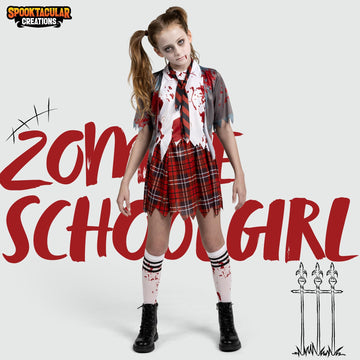 Spooktacular Creations Zombie Schoolgirl Costume Halloween Girl Bloody Zombie Costume for Kids Halloween School Event Party Dress Up (Gray X-Large(12-14 yrs))
