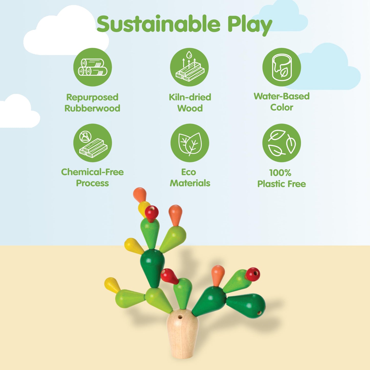 PlanToys Balancing Cactus | Montessori Wooden Toy for Toddlers | STEM Game for Fine Motor Skills, Logic & Coordination | Eco-Fri