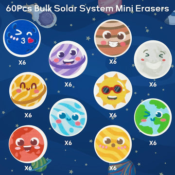 Haooryx Solar System Mini Eraser for Kids - 60Pcs Bulk Novelty Outer Space Pencil Eraser 3d Miniature Desk Puzzle Eraser for Stu