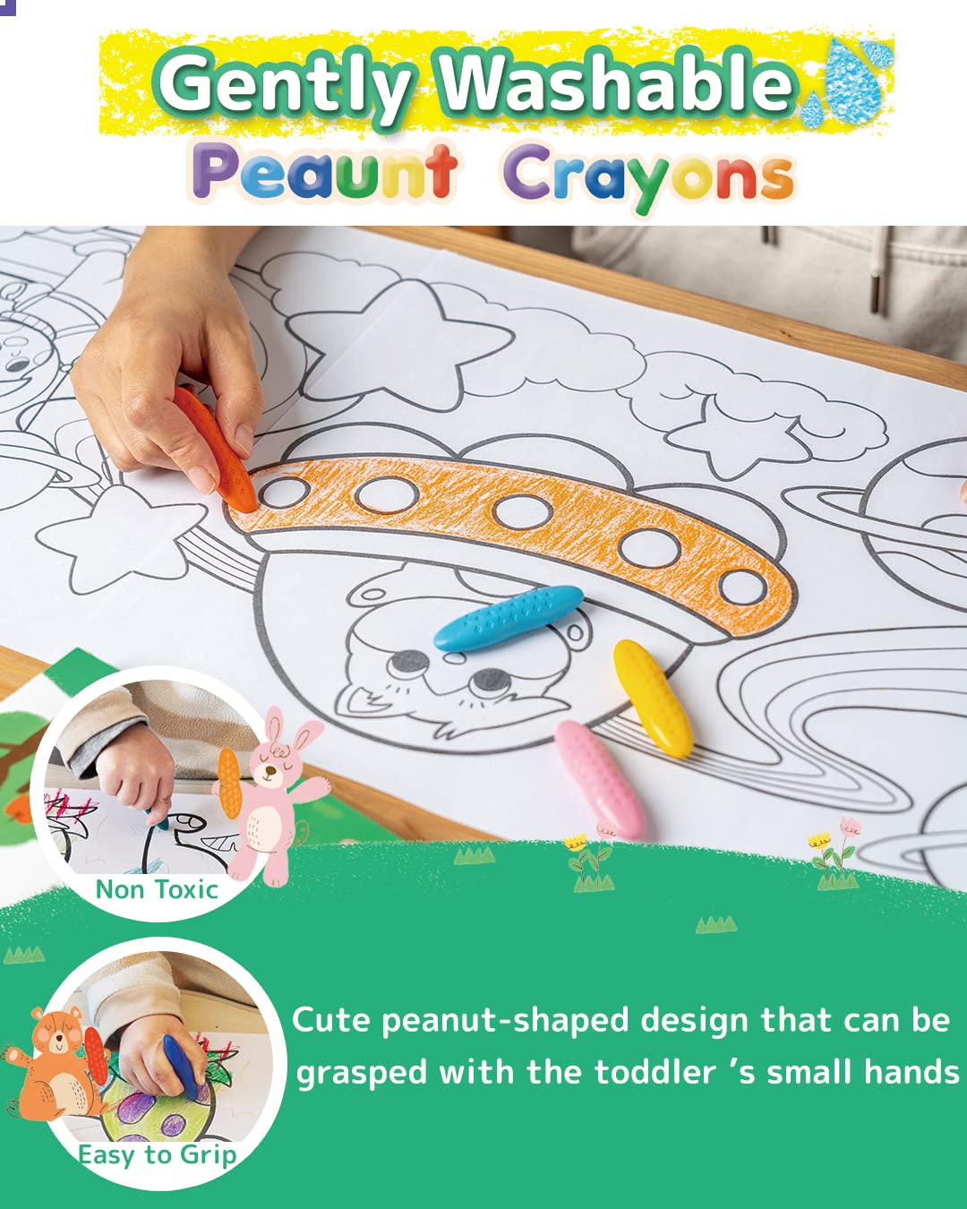 Posucess Peanut Crayons For Kids, 24 Colors Washable Toddler Crayons, Non-Toxic Baby Crayons For Ages 2-4, 1-3, 4-8, Coloring Ar