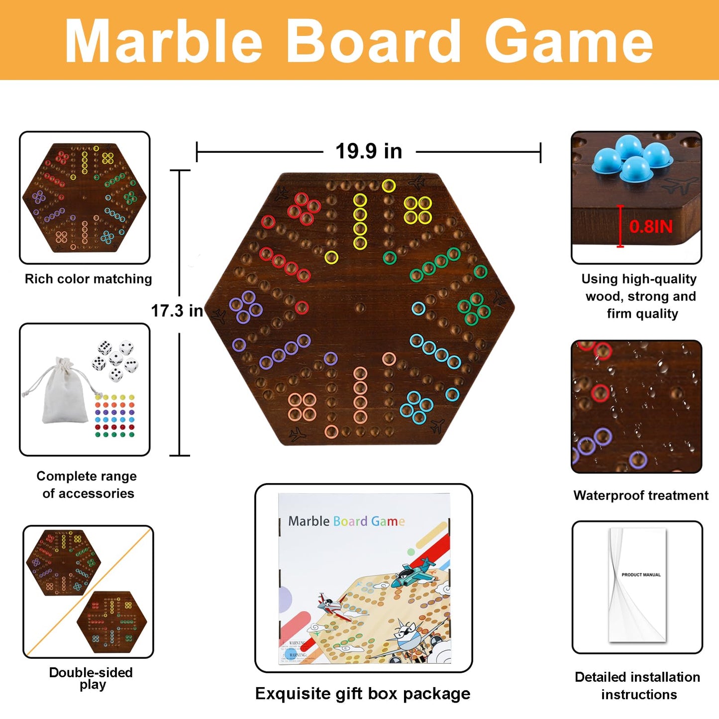 Horow 20 Inch Wahoo Marble Board Game For 4-6 Players - 2 Sided Painted Wooden Board - Thicken Dice Marbles Game - Perfect For F