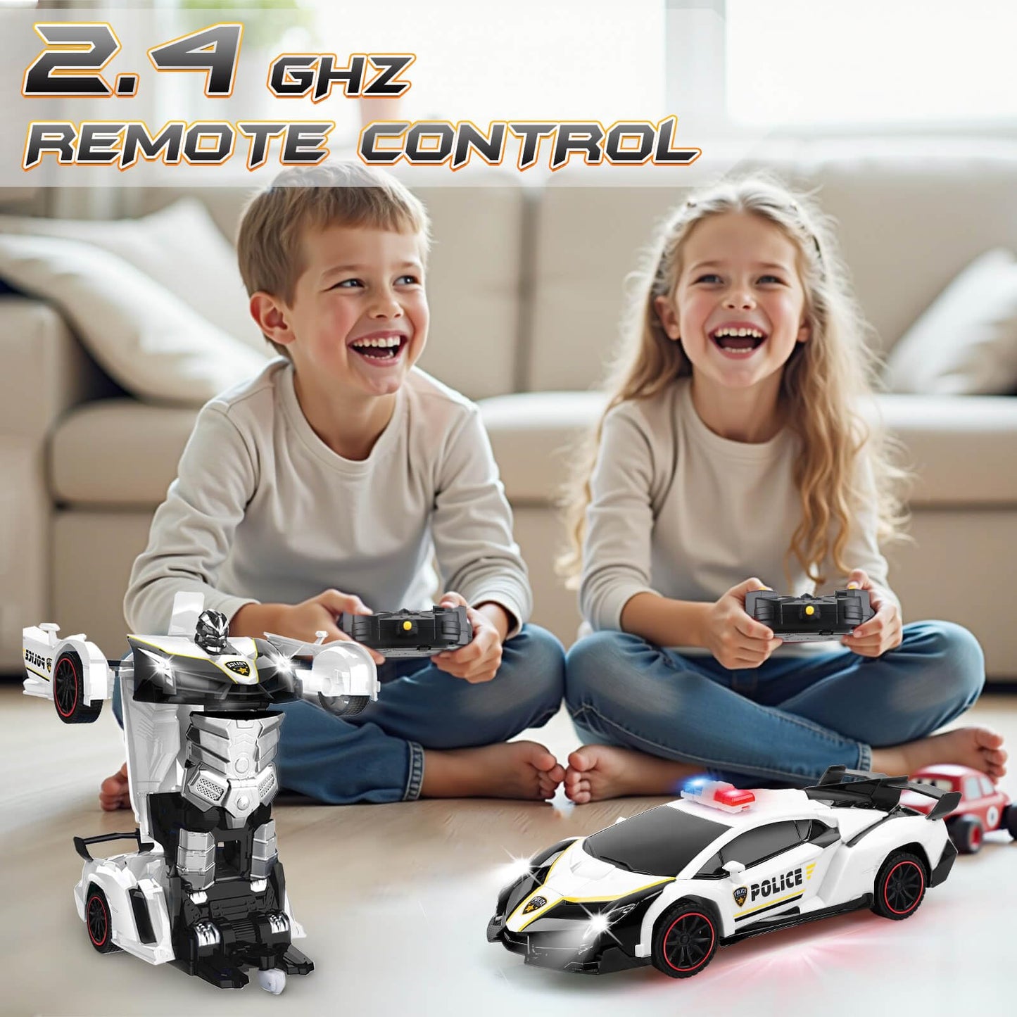 Getatoy Remote Control Car Transformer Toys for Boy 4-6 Years Old: One-Button Transforming Police Car with LED Light & 360 Rotat