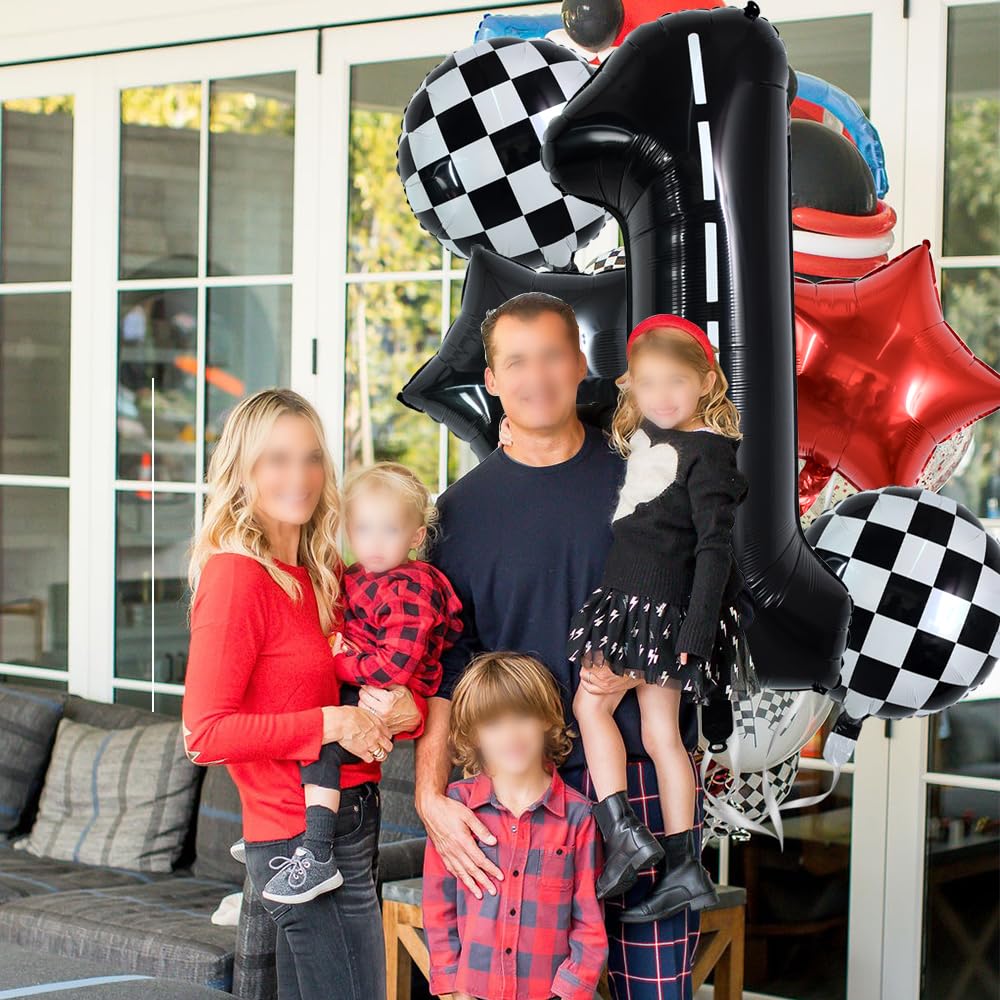 Toniful 40 Inch Race Car 1St Birthday Balloons Racetrack Number 1 Black Balloons Wheel Tire Balloons Black White Checkered Ballo