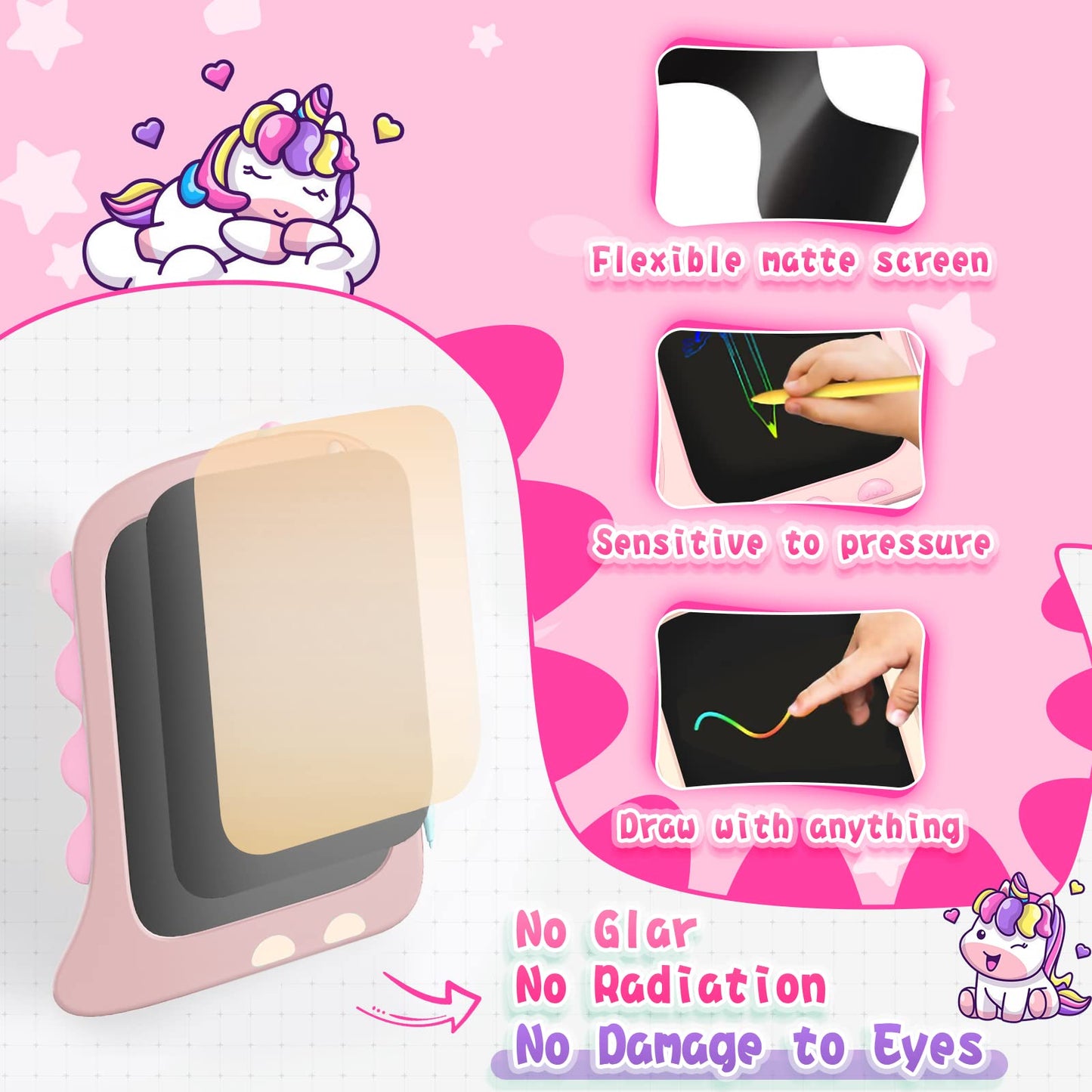 ORSEN 8.5" LCD Doodle Board Tablet - Pink Unicorn Drawing Pad for Kids 2-7 Years, Travel Toy, Medium Size, Model OS-A6-285C-PIN