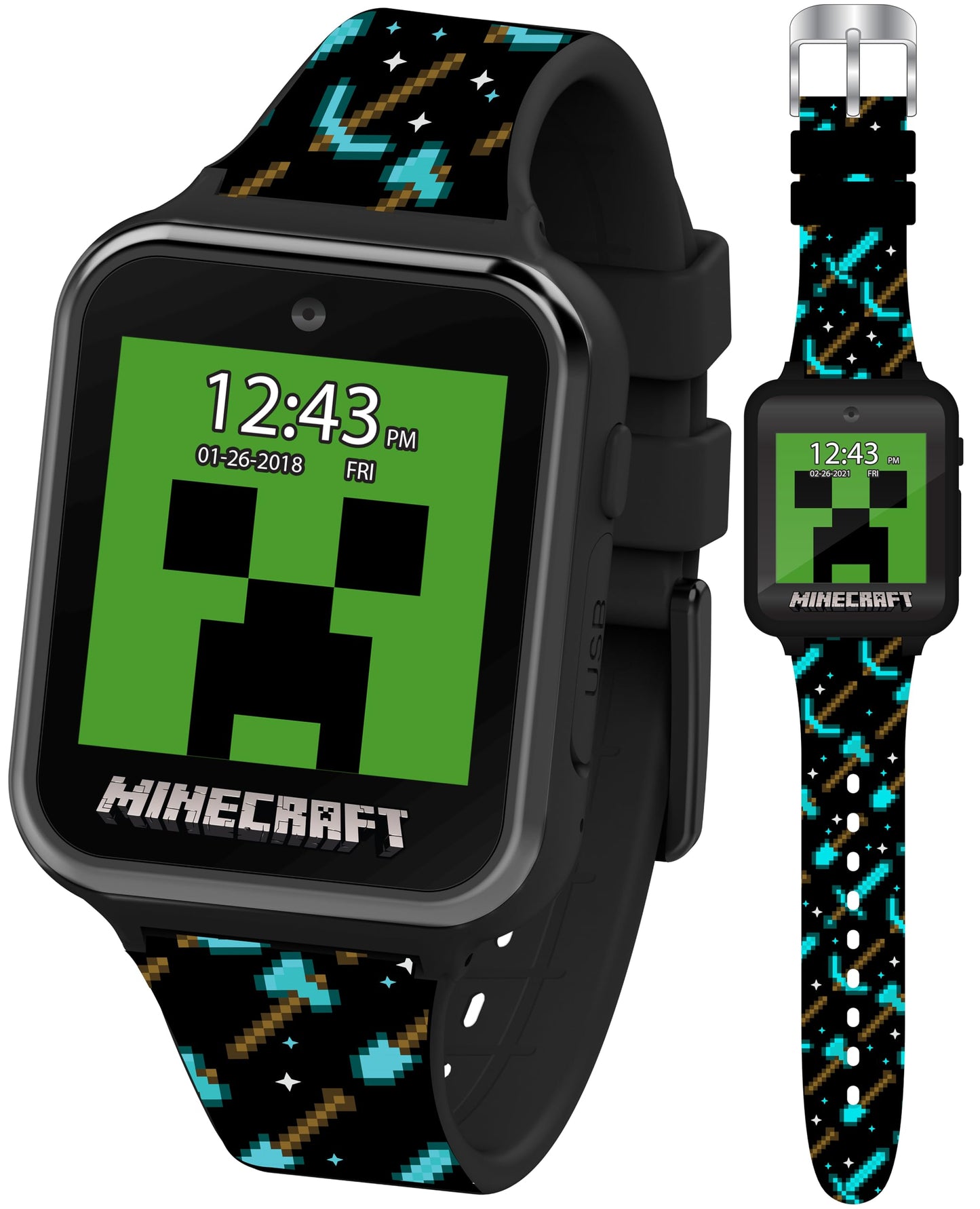 Minecraft Kids Smart Watch - Interactive Touchscreen With Games, Camera, Step Counter, Alarm, Timer, Voice Recorder, And Cool Minecraft Silicone Strap - Fits Wrists 5.5' To 8.0'