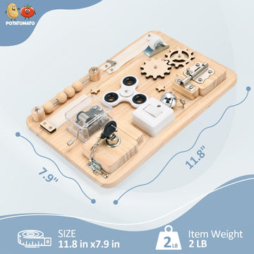Potatomato Wooden Busy Board for Toddlers, Brown, Small - Sensory Fidget Toy, Model LT721 - Educational Activity Board for Kids