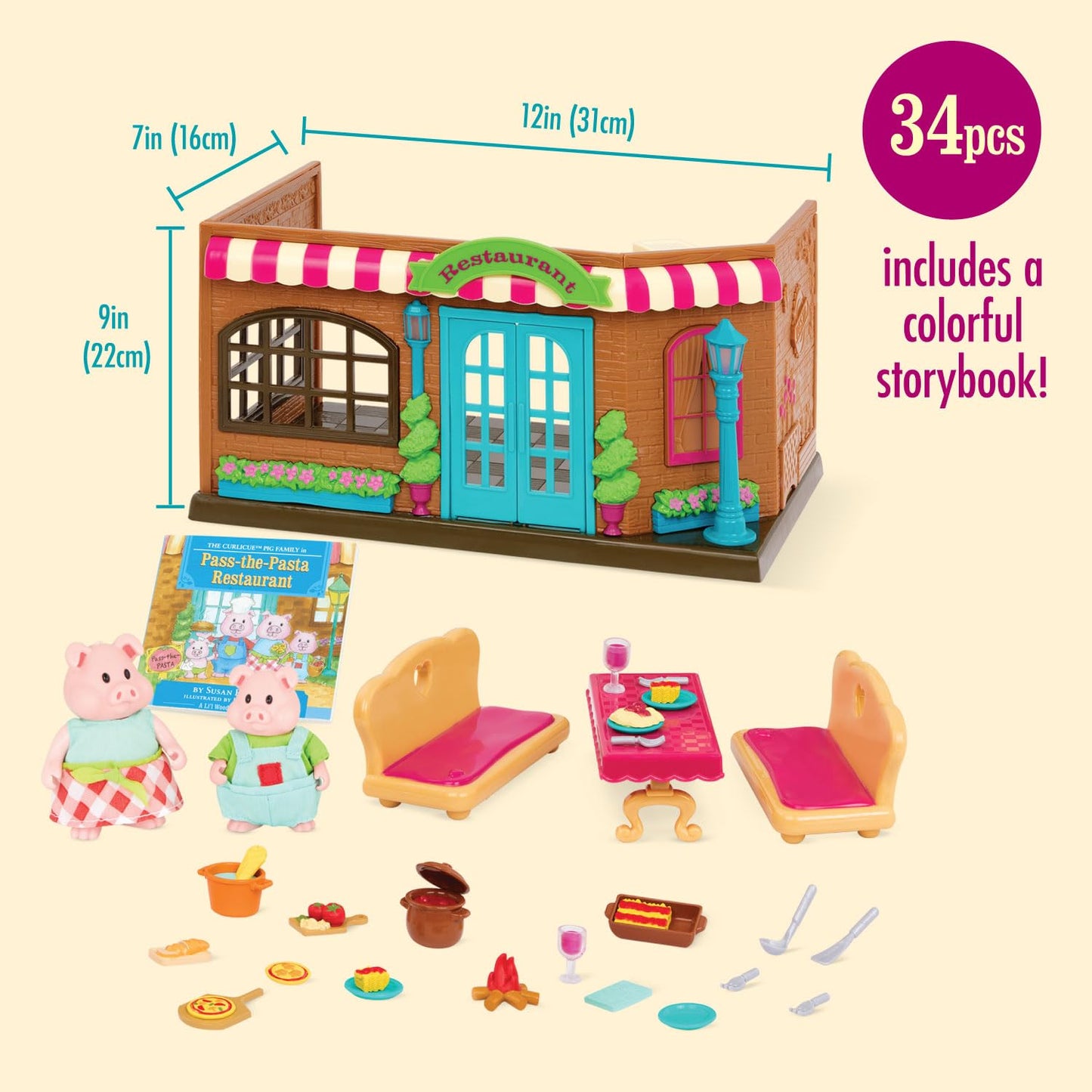 Li'l Woodzeez Pass-The-Pasta Restaurant Playset - 34 Pcs Dollhouse with 2 Posable Dolls & Accessories - Stackable Playset for Kids 3+
