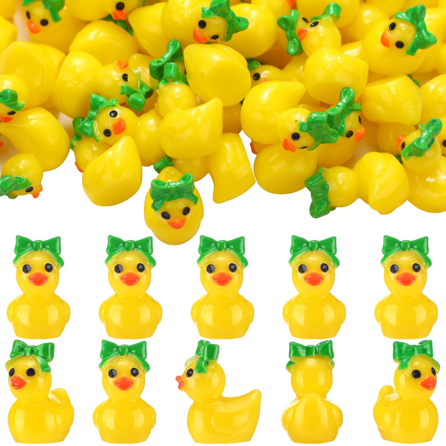 Weysat 60 Pcs Mini Green Cheer Resin Ducks Cheer Team Gifts Bulk Tiny Blue Bow Ducks Miniature Figurine Decoration Tabletop Shel