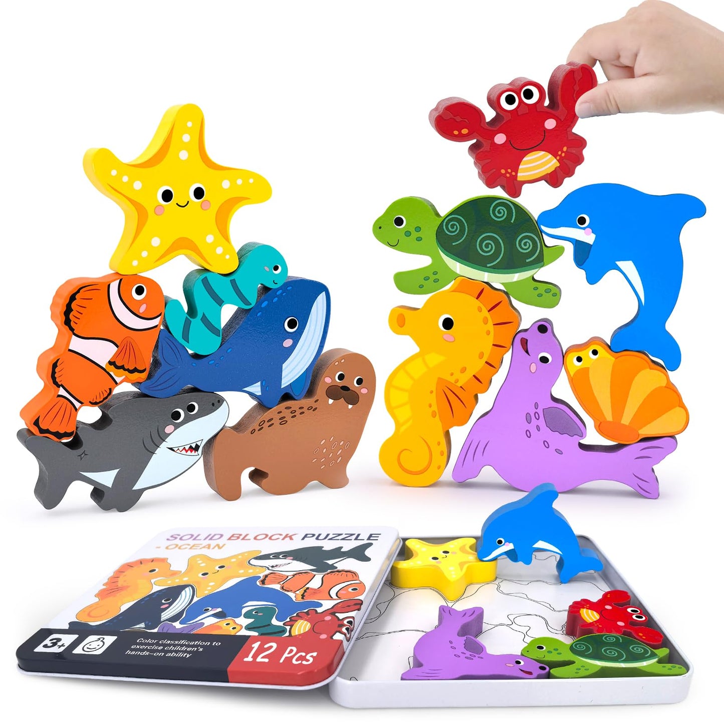Wooden Animal Puzzles Toys For Toddlers,12 Pcs Sea Animals Figures,Animal Matching Sorting Stacking Toy For Boys Child Girls,Edu