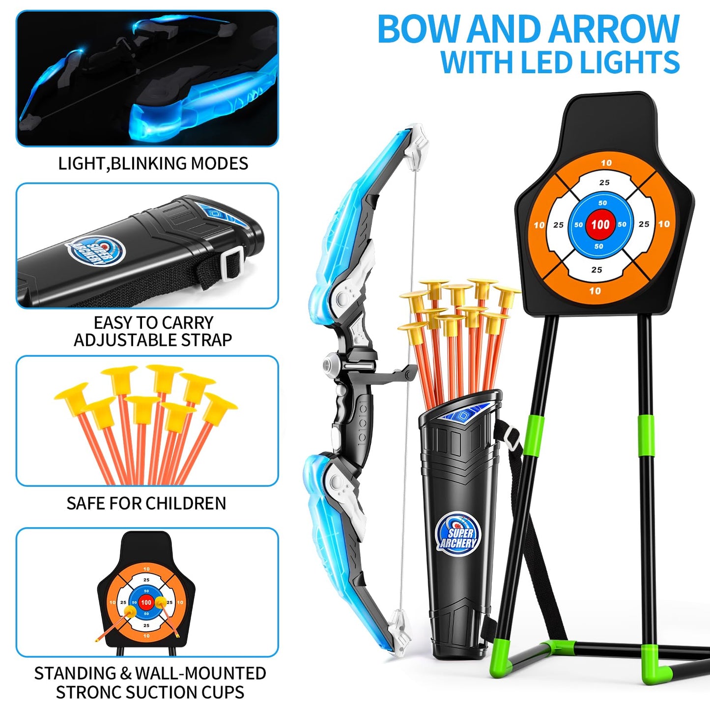 Temi 2 Pack Archery Set - Includes 2 Bows, 20 Suction Cup Arrows & 2 Quivers & Standing Target, Outdoor Light Up Toys For Kids B