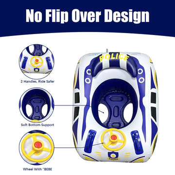 BOffer Baby Pool Float - 3D Police Car Design, Heavy Duty PVC, 31x24x0.54", Blue White, Model HH2025