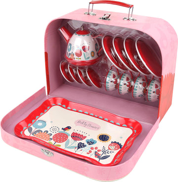 Tea Set for Little Girls, Pretend Play Tea Party Set, Floral Design Kids Tin Tea Set with Carrying Case (15 Pcs)