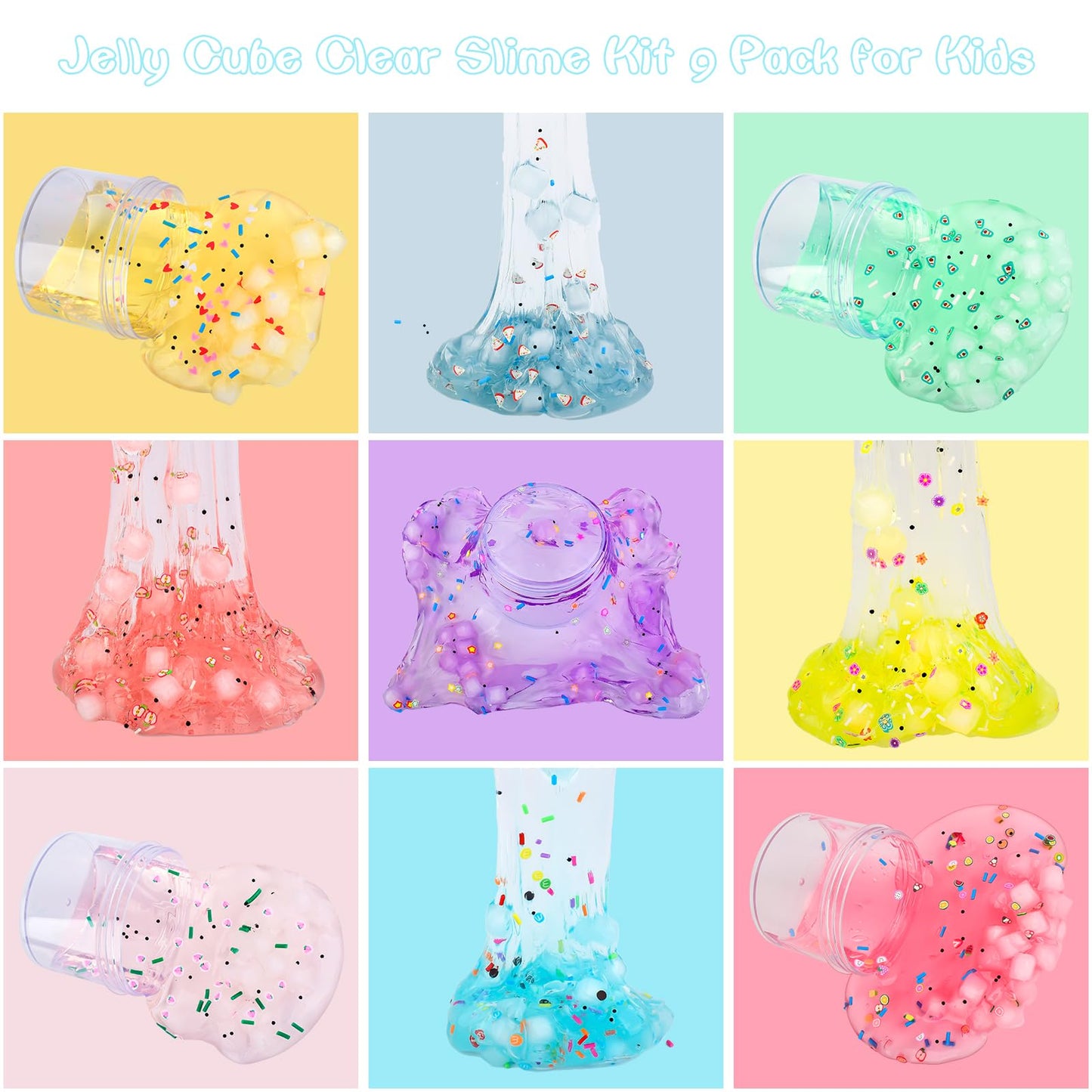 Jelly Cube Clear Slime Kit 9 Pack For Kids, Crunchy Slime, Stress Relief Toy, Party Favors For Girl Boys 6 7 8 9 10 11 12