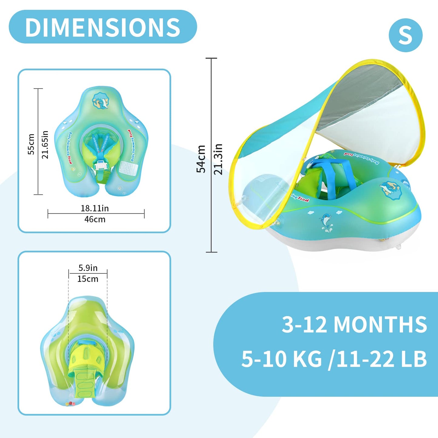 Free Swimming Baby Inflatable Swim Float with Sun Canopy, Small, Blue, PVC, Model 6013, for Ages 3-36 Months