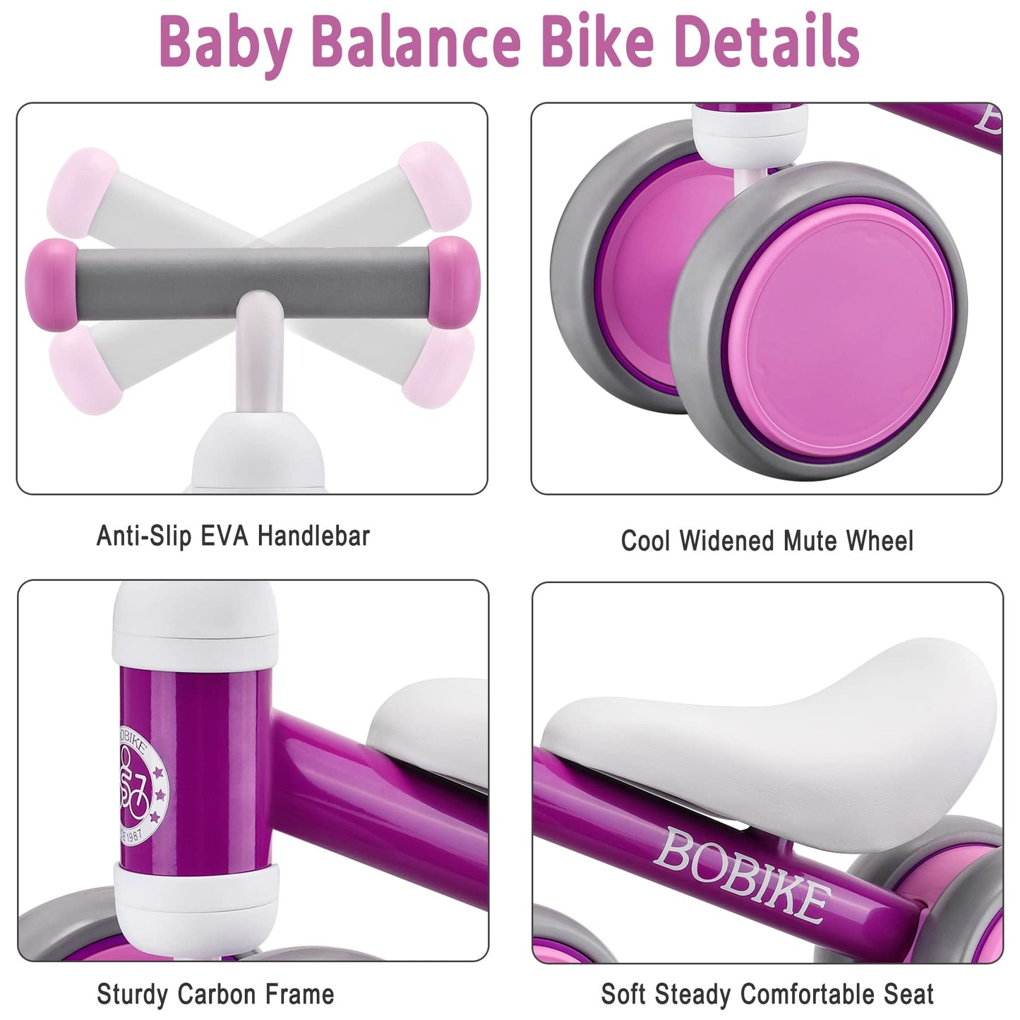 Bobike Baby Balance Bike Toys For 1 Year Old Gifts Boys Girls 10-24 Months Kids Toy Toddler Best First Birthday Gift Children Walker No Pedal Infant 4 Wheels Bicycle … (Purple)