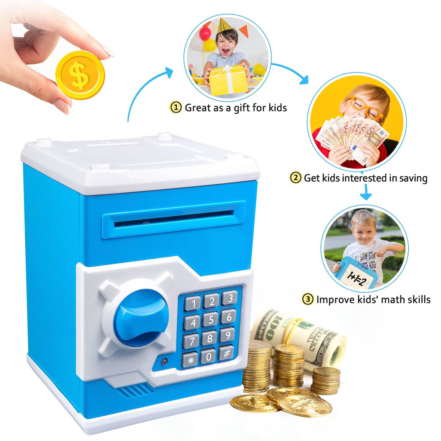 Atm Piggy Bank For Boys Girls, Vcertcpl Mini Atm Coin Bank Money Saving Box With Password, Kids Safe Money Jar For Adults With Auto Grab Bill Slot, Great Gift Toy Bank For Kids(Blue White)