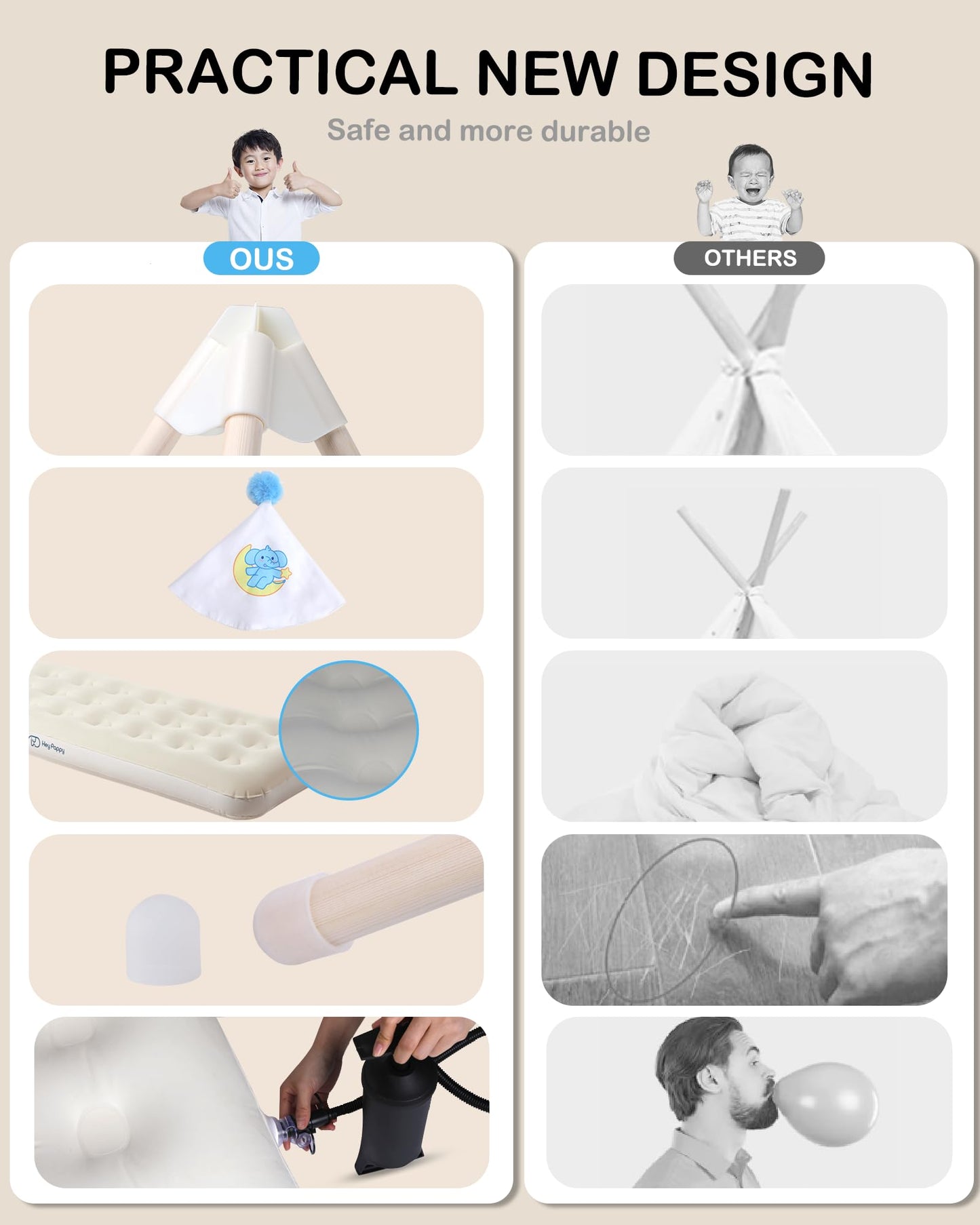 Heypappy Teepee Tent for Kids with Inflatable Airbed, String Lights, Balloons, Pump, Washable Slumber Party Tent Indoor Outdoor