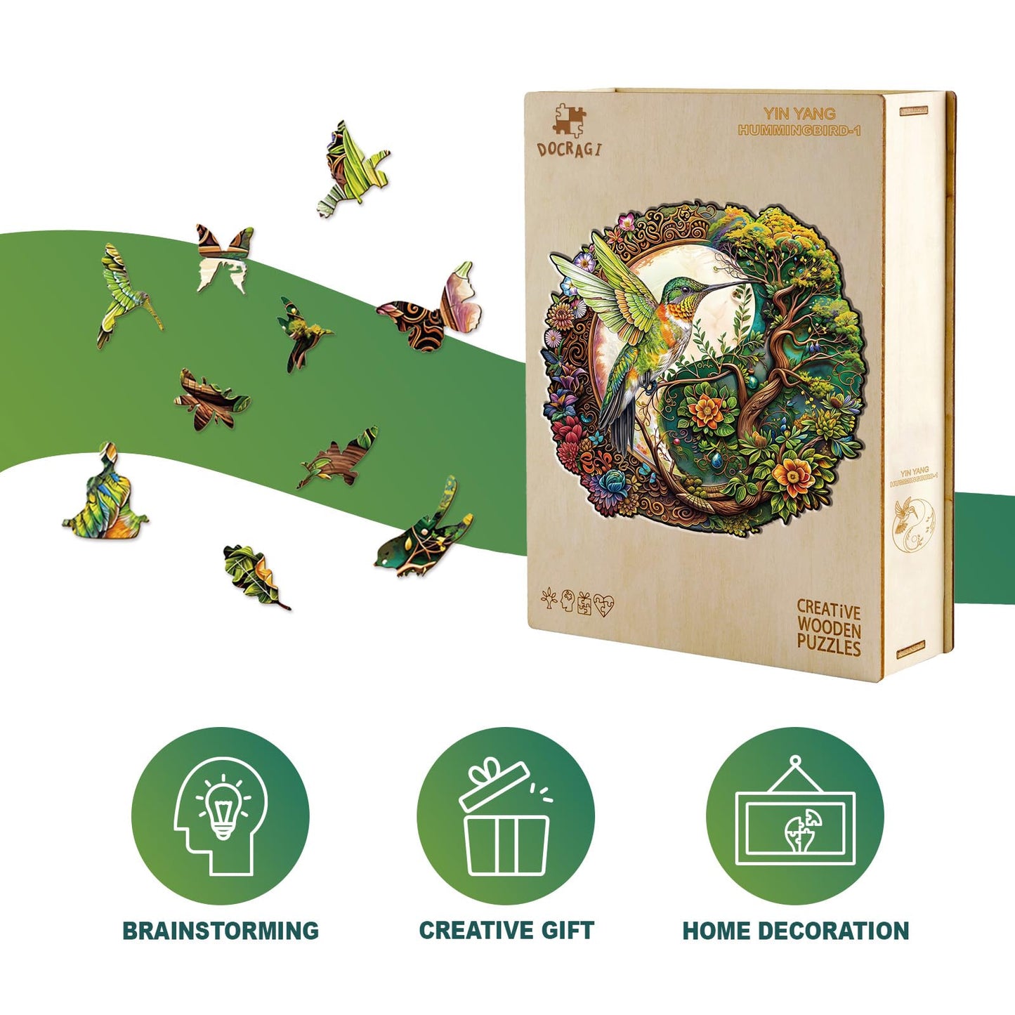 Wooden Hummingbird Puzzles - Unique Shaped Wooden Puzzles For Adults And Kids - Yin Yang Hummingbird Wooden Jigsaw Puzzles - Chr