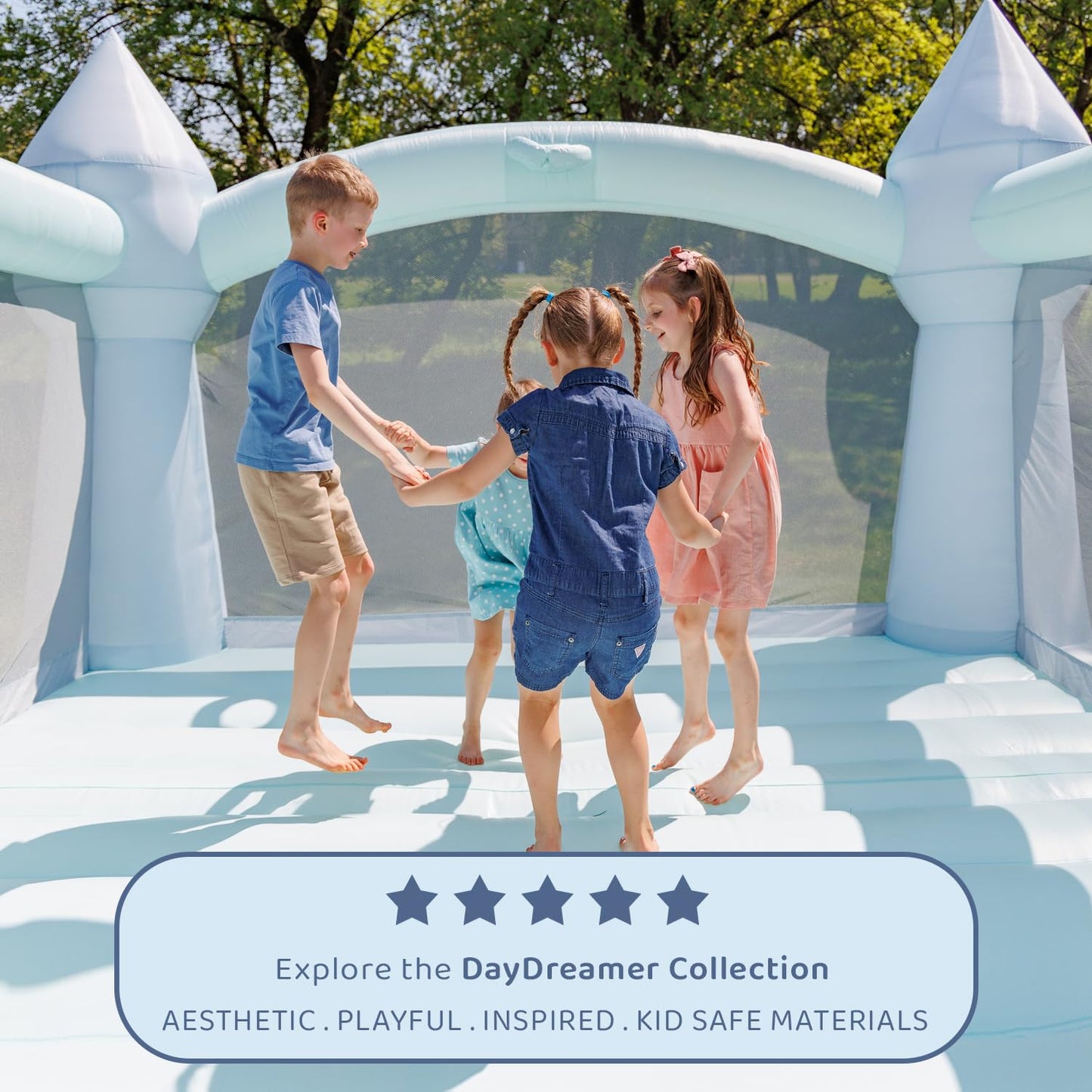 Bounceland Party Castle Daydreamer Mist Bounce House, 16.4 Ft L X 13.1 Ft W X 9.3 Ft H, Basketball Hoop, Ul Strong Blower Includ