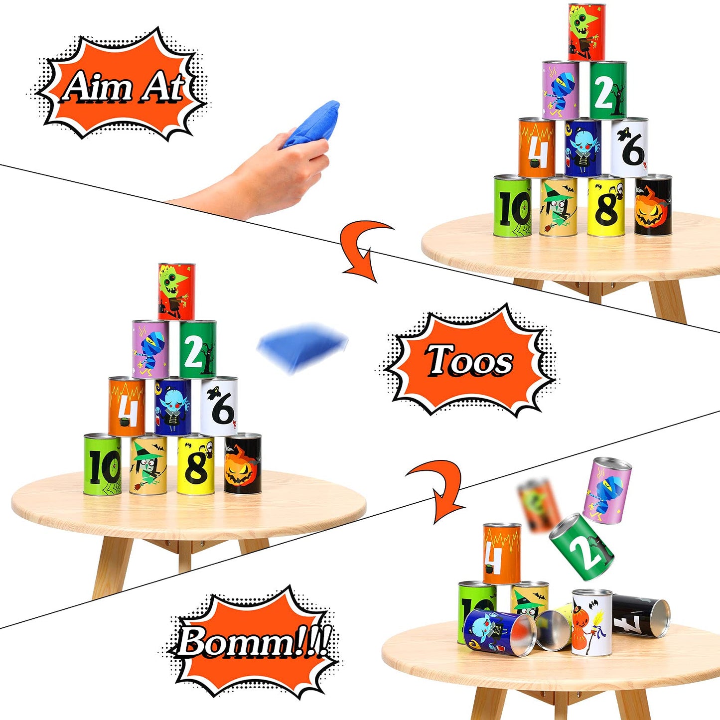 Halloween Carnival Games, Halloween Party Games Bean Bag Toss Game For Kids And Adults Carnival Metal Cans With 3 Bean Bags For Holiday Birthday Party Outdoor Indoor Games